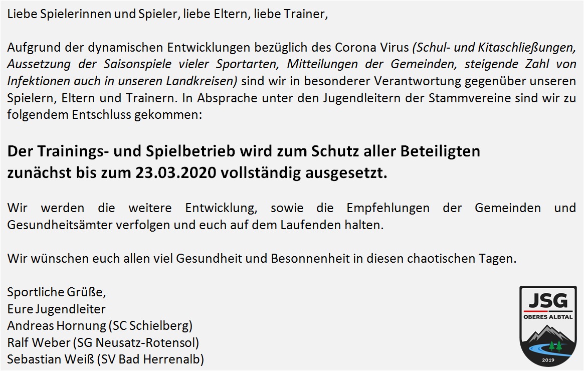 Coronavirus(COVID-19) JSG Oberes Albtal Mitteilung